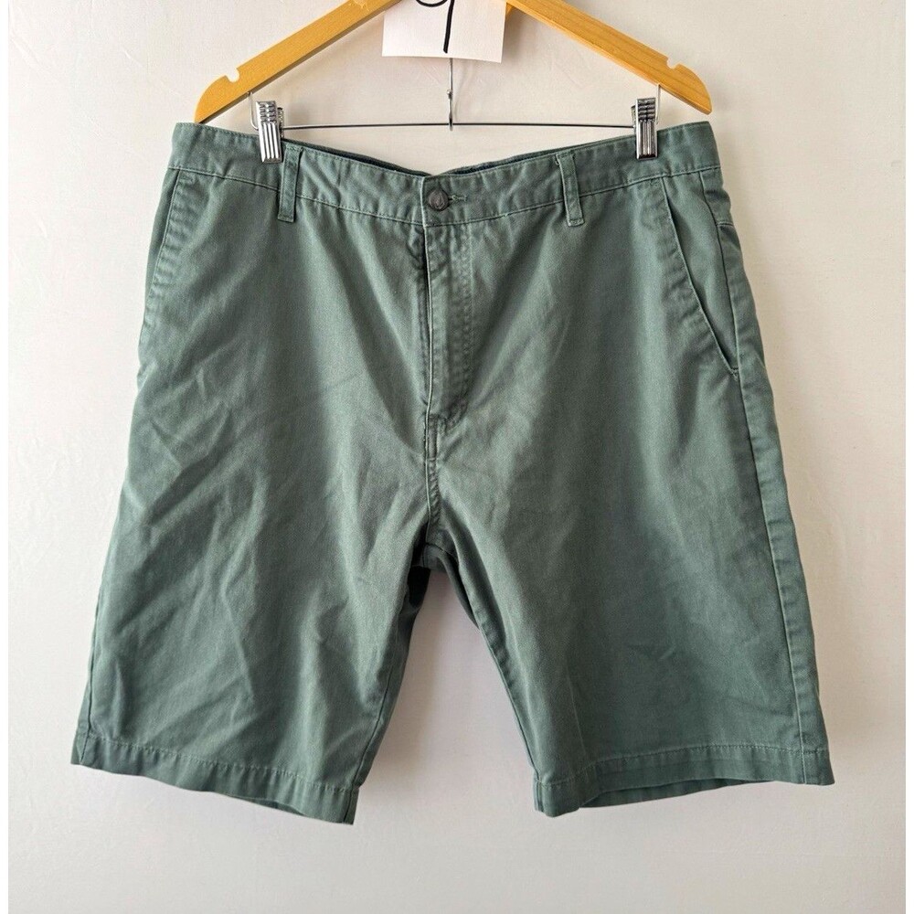 Volcom Chino Shorts Mens Green Cotton Twill Flat Front Zip Fly Slash Pockets